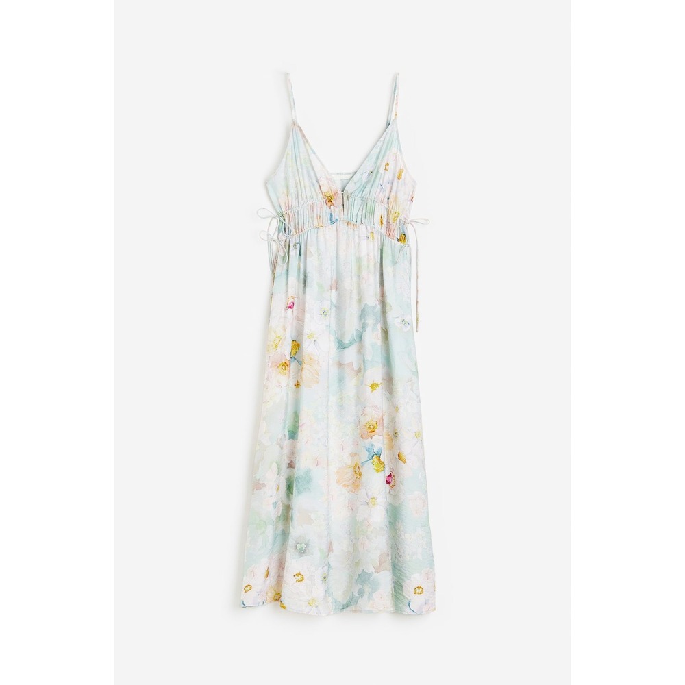 H & M Pastel Watercolor Floral Midi Dress XL V-Neck Side Tie Blue Pink
